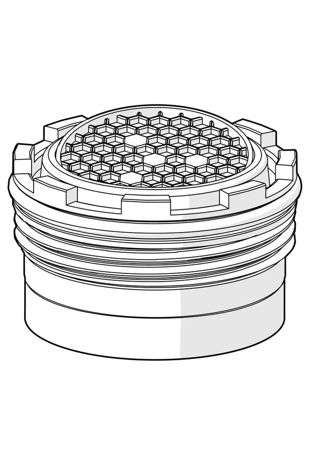 Luftsprudler mit einem strukturierten Deckel, verwendet in Wasserhähnen, gefertigt von HANSA. Das Design zeigt eine runde Form mit einem gitterartigen Muster auf der Oberseite.